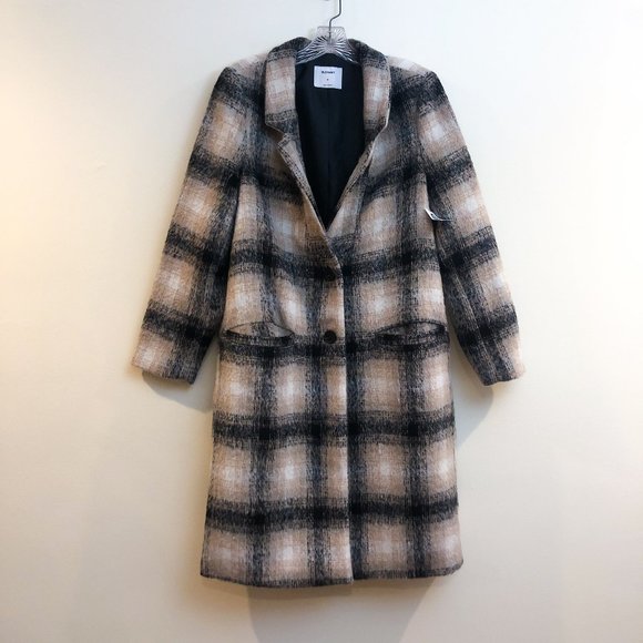 Old Navy Classic Wool Blend Black Cream Plaid V Neck Trench Coat Women's Medium - Picture 2 of 10